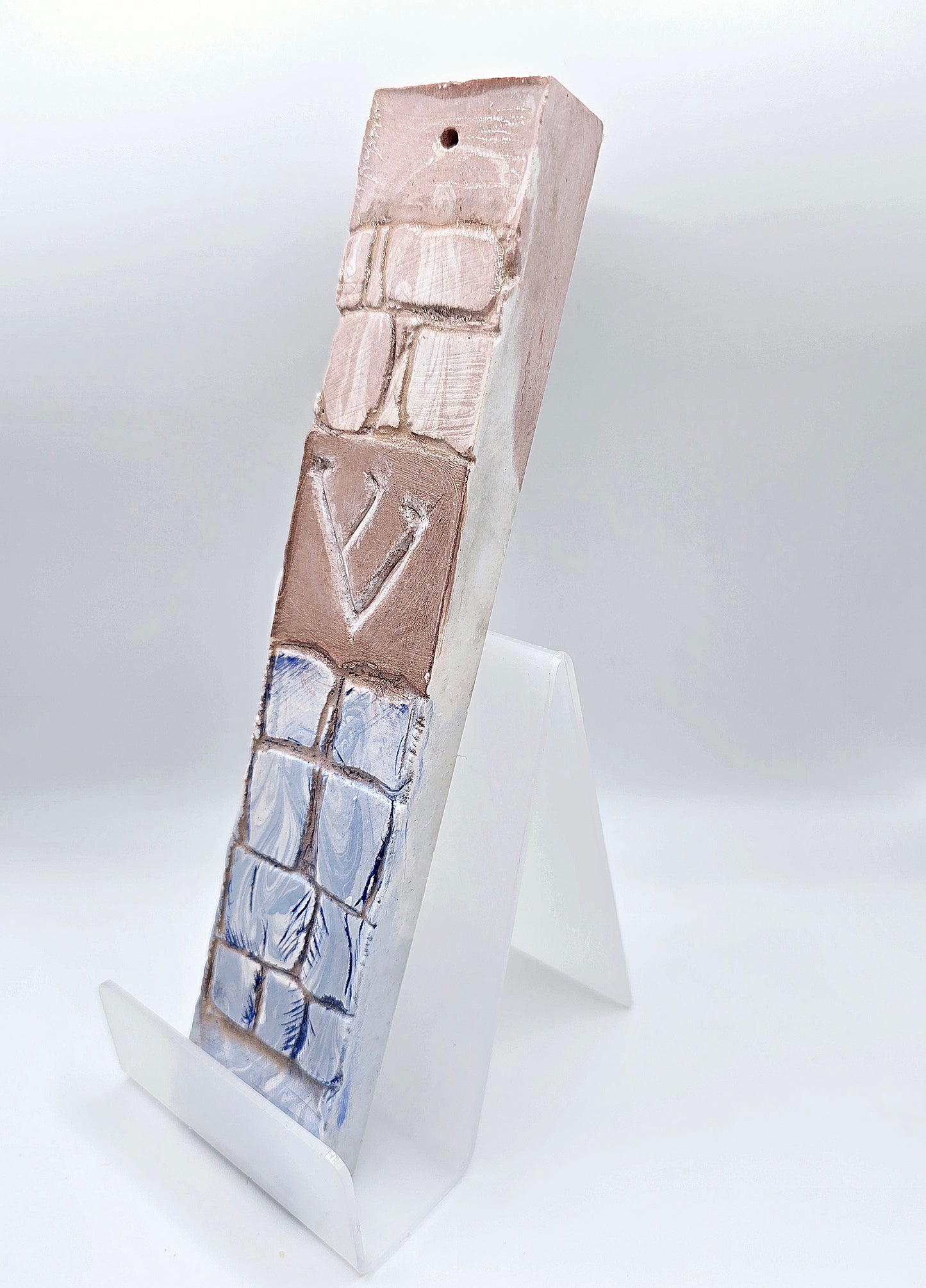 Handcrafted Textured Blue and Old Pink Mezuzah Case – Unique Judaica Art