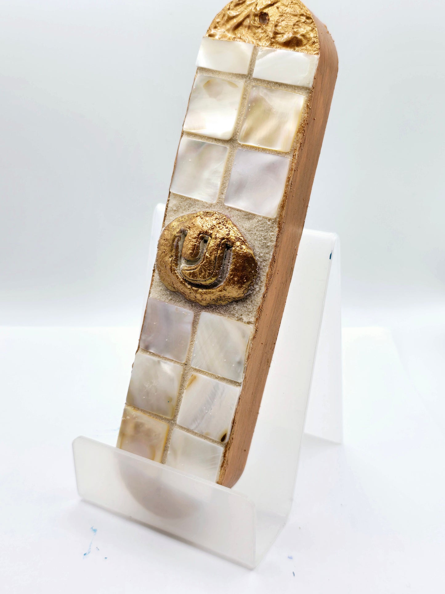 Handcrafted Mother-of-Pearl Mezuzah Case with Golden Accents – Elegant Judaica Art