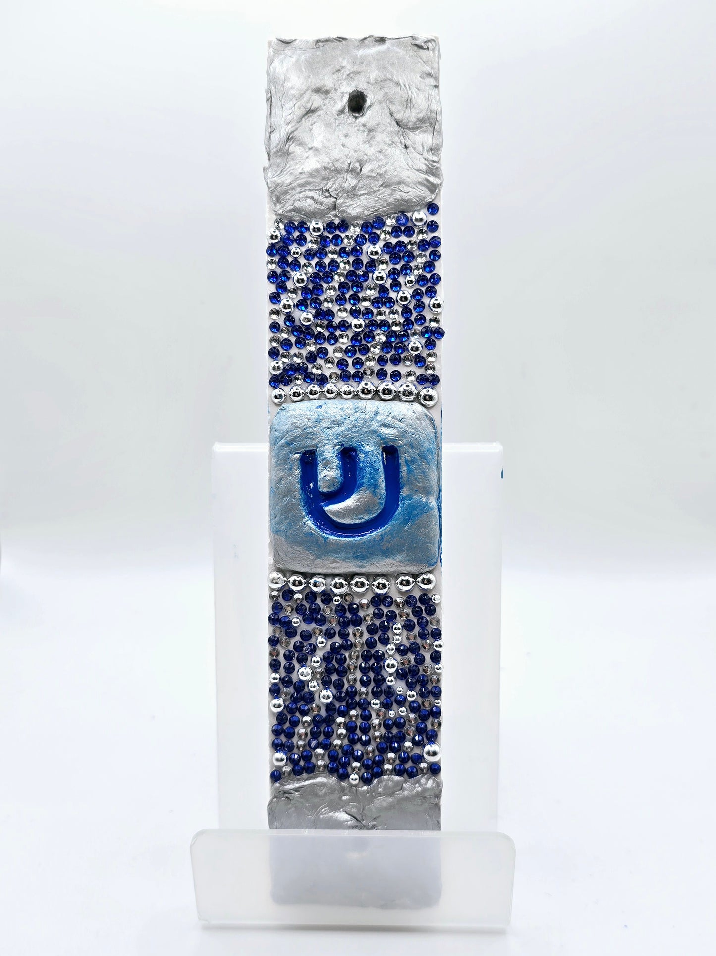 Handcrafted Silver and Blue Mezuzah Case – Elegant Judaica Art