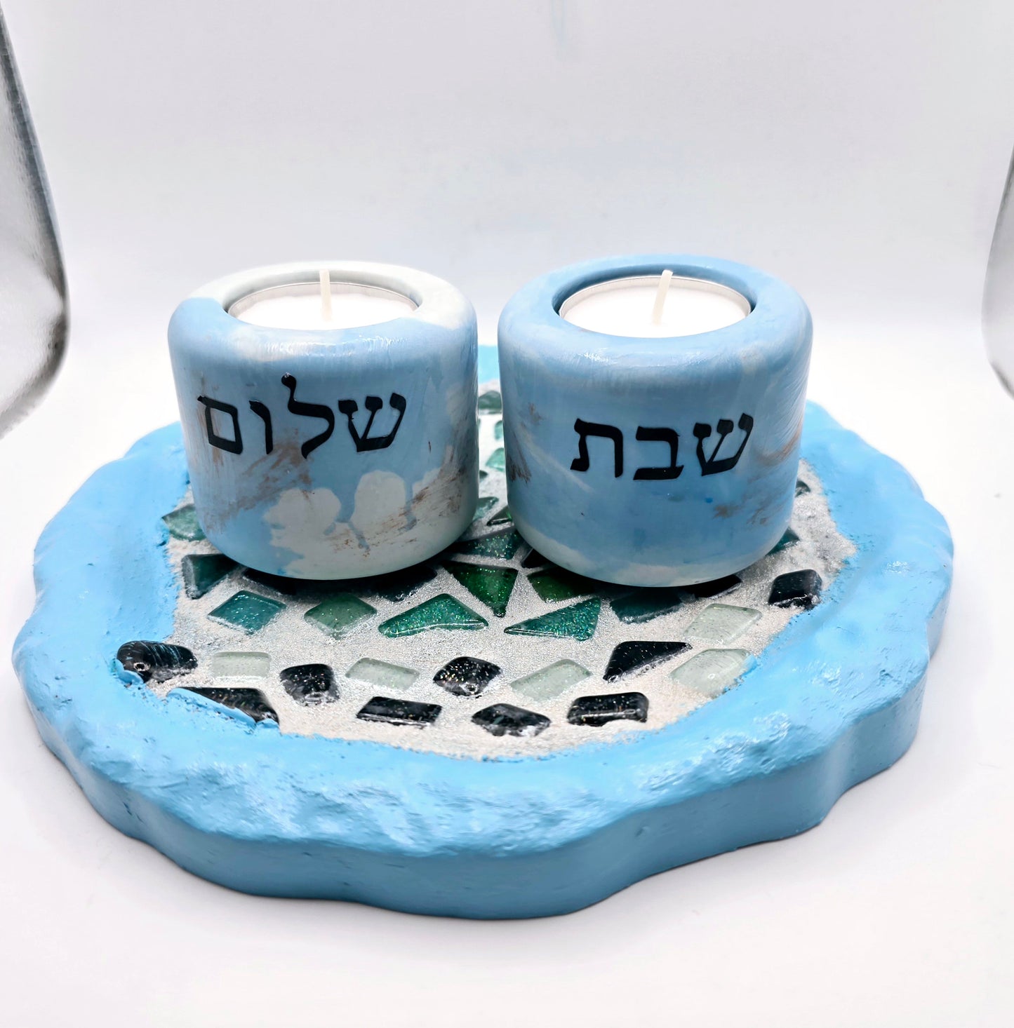 Handcrafted Shabbat Candle Holder Set with Mosaic Plate – Serenity in Every Glow