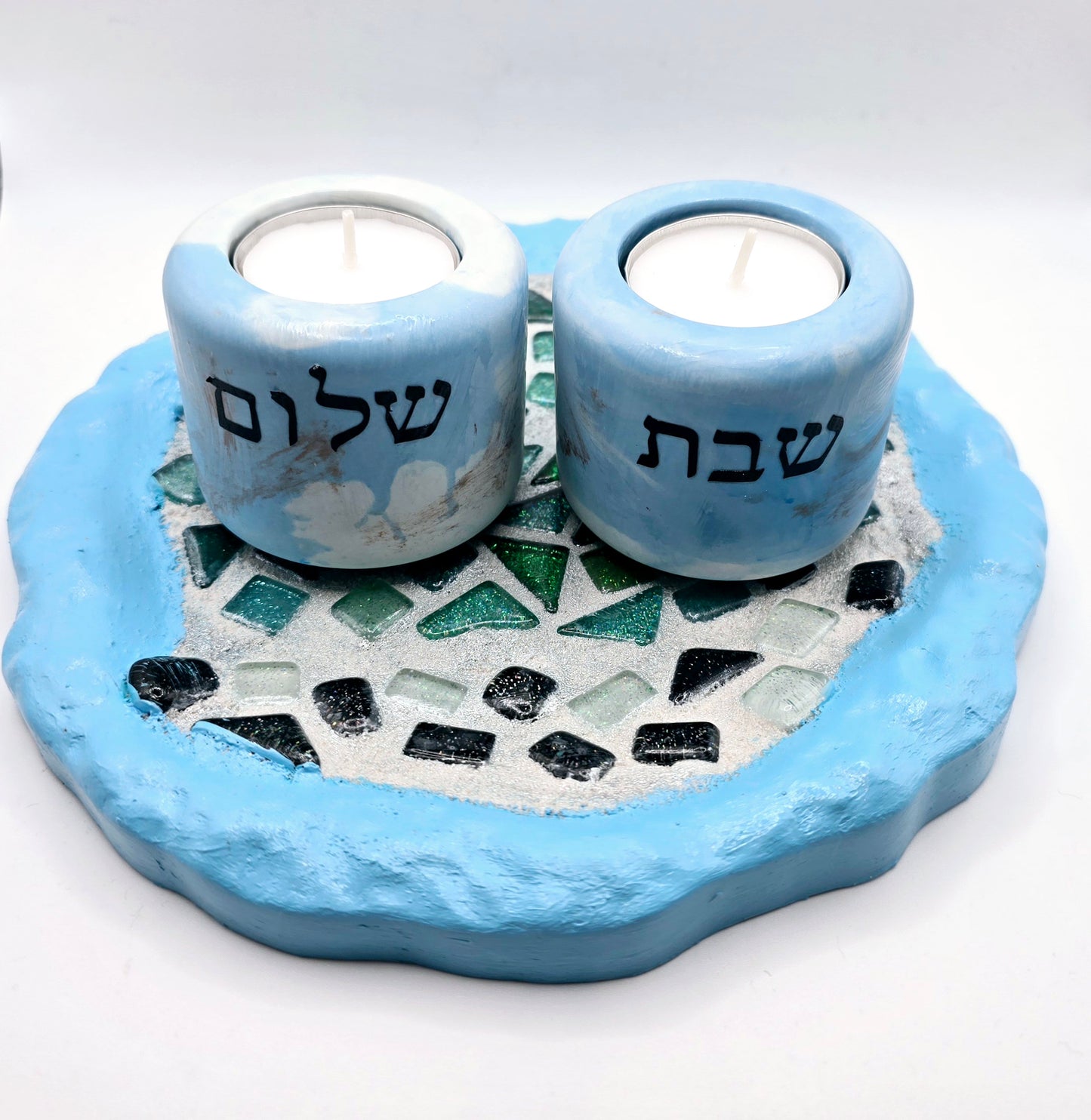 Handcrafted Shabbat Candle Holder Set with Mosaic Plate – Serenity in Every Glow