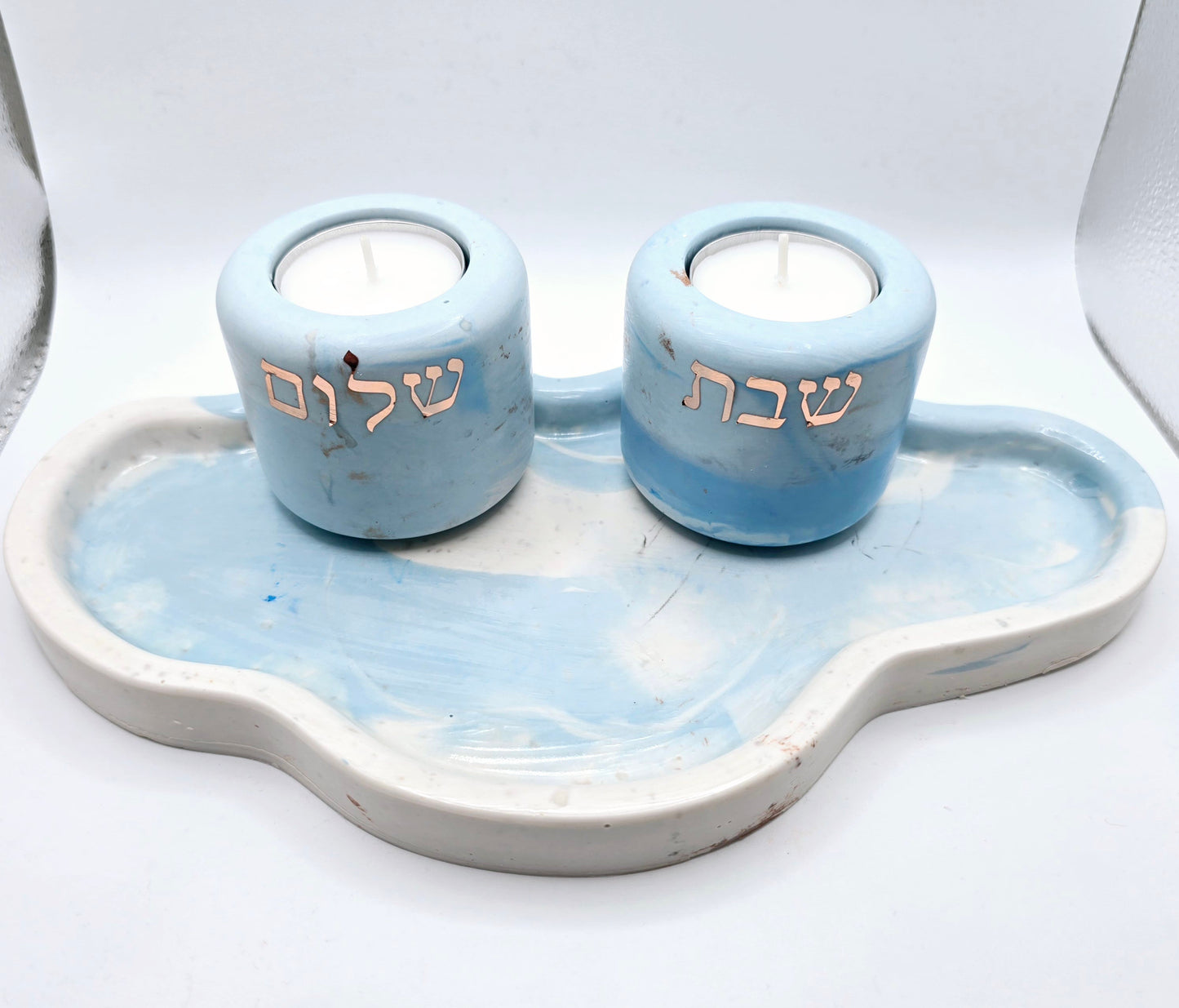 Handcrafted Shabbat Candle Holder Set with Sky Blue Tray