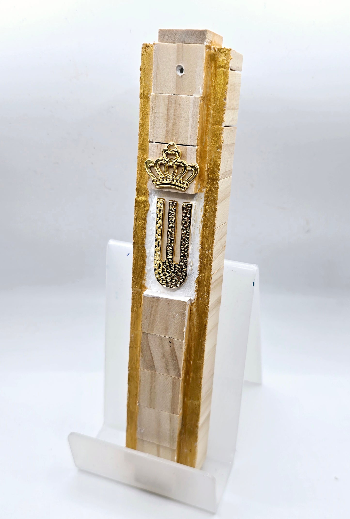 Regal Wooden Mezuzah Case with Gold Crown Design – Handcrafted Judaica