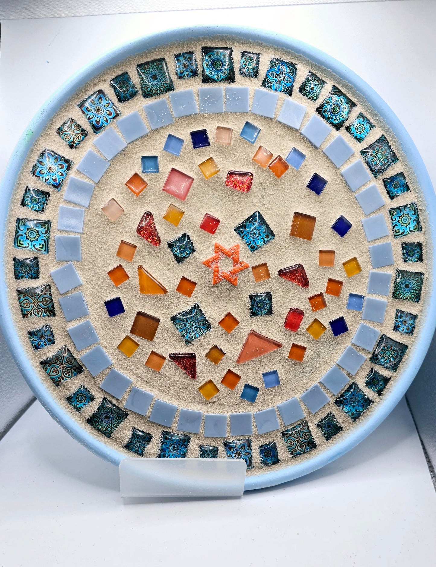 Handcrafted 10-Inch Mosaic Plate – Star of David with Vibrant Blue & Amber Accents