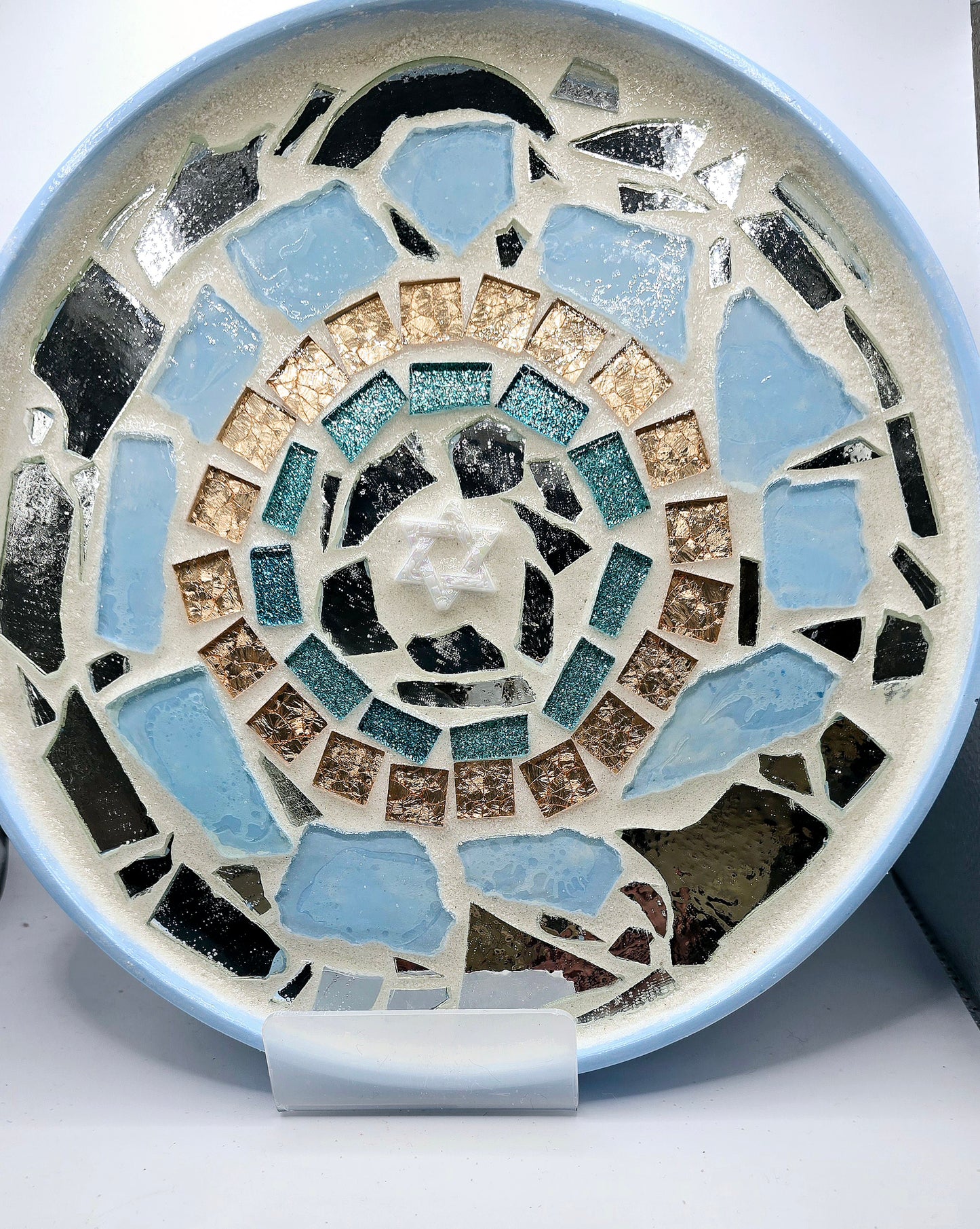 Handcrafted 10" Mosaic Plate with Star of David – Blue, Gold & Black Art Piece