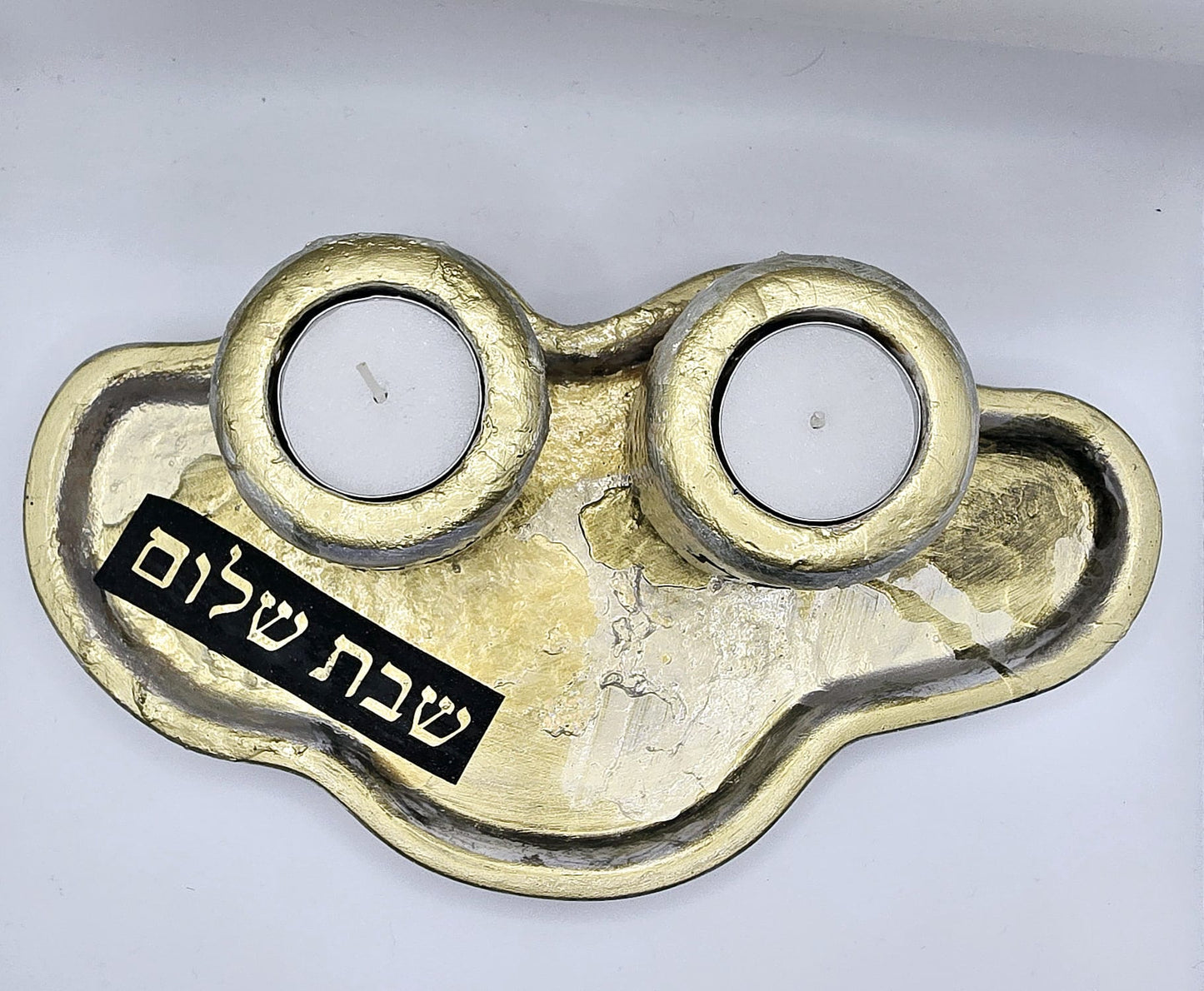 Shabbat Candle Holder Set with Tray – Gold Handcrafted Elegance