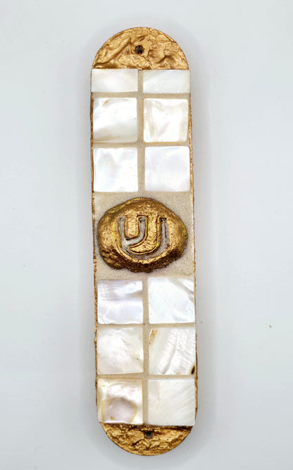 Handcrafted Mother-of-Pearl Mezuzah Case with Golden Accents – Elegant Judaica Art