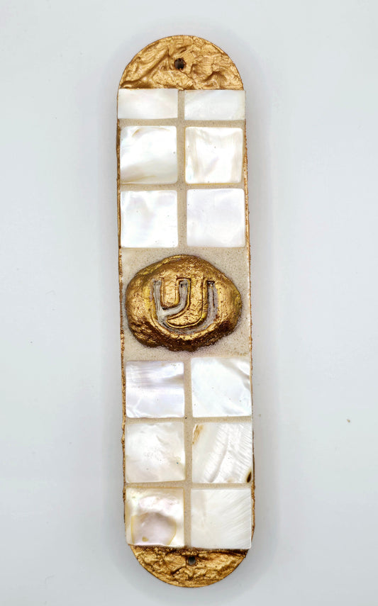 Handcrafted Mother-of-Pearl Mezuzah Case with Golden Accents – Elegant Judaica Art