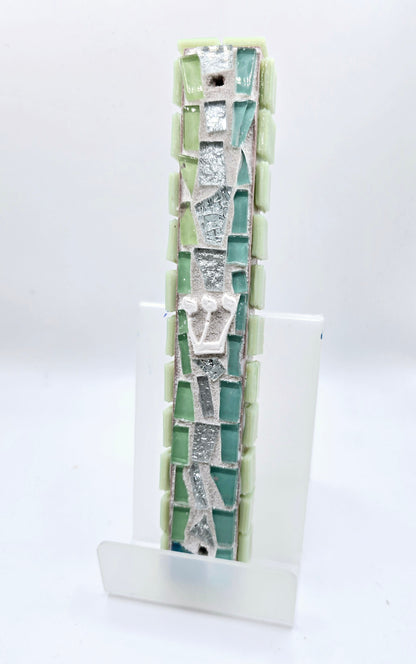 Handcrafted Green and Silver Mosaic Mezuzah Case – Elegant Judaica Design