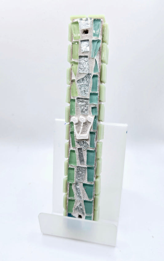 Handcrafted Green and Silver Mosaic Mezuzah Case – Elegant Judaica Design