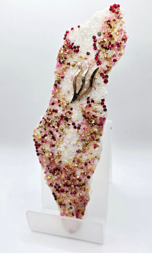 Handcrafted Israel Crystal Wall Hanging with Pink and Gold Accents – Unique Judaica Art