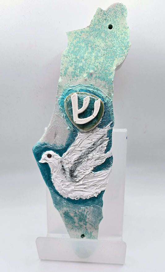 Handcrafted Israel-Shaped Mosaic Wall Hanging with Dove and Hebrew Letter – Judaica Art