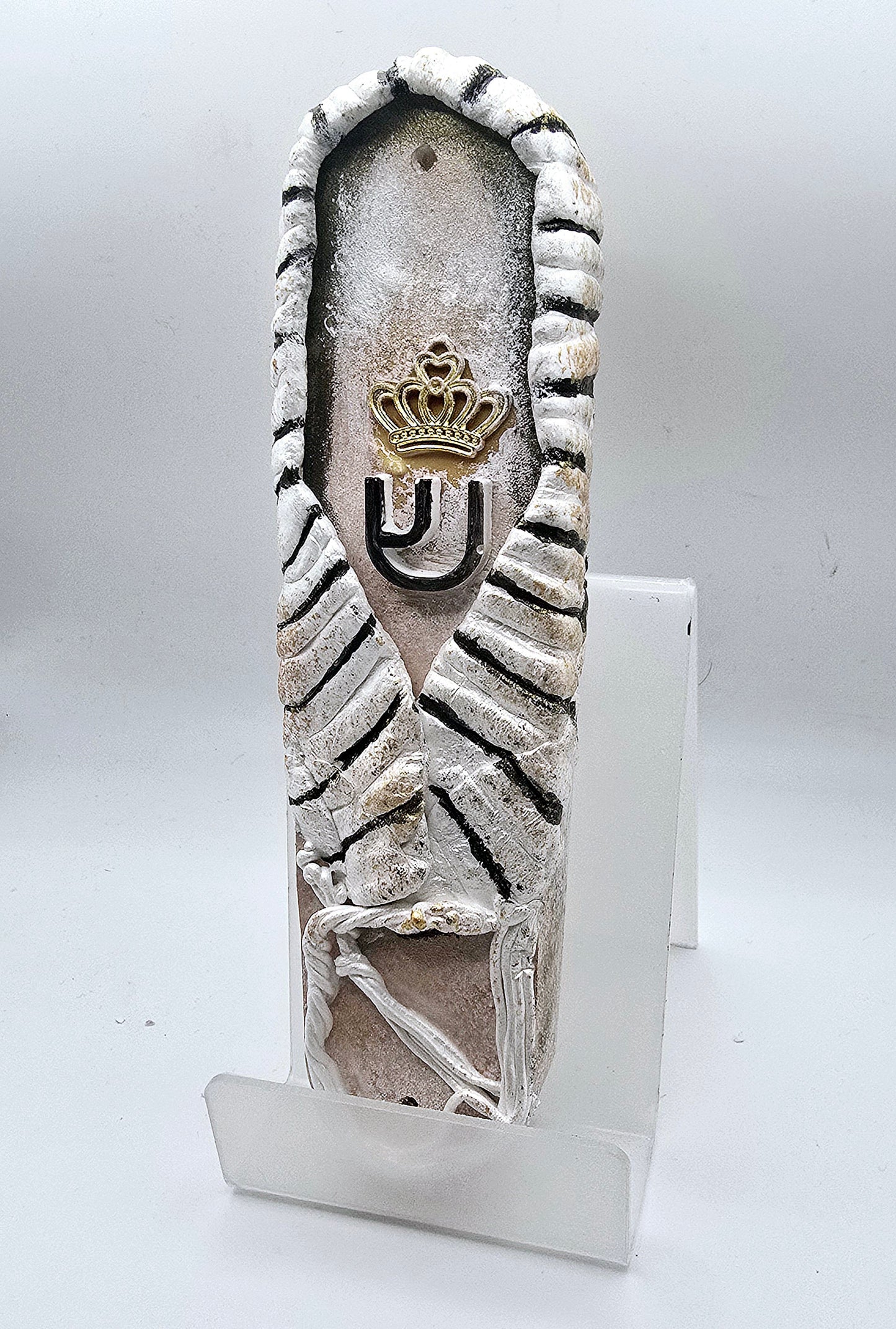 Handcrafted Tallit-Inspired Ceramic Mezuzah with Crowned Hebrew Motif