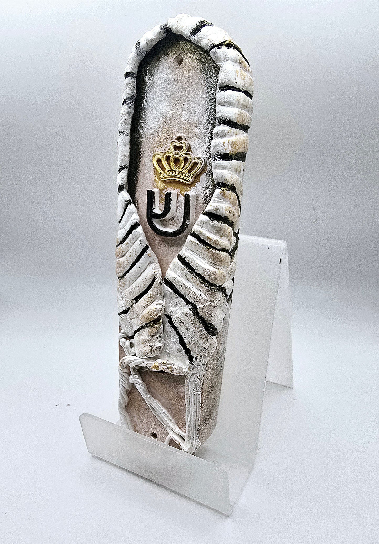 Handcrafted Tallit-Inspired Ceramic Mezuzah with Crowned Hebrew Motif
