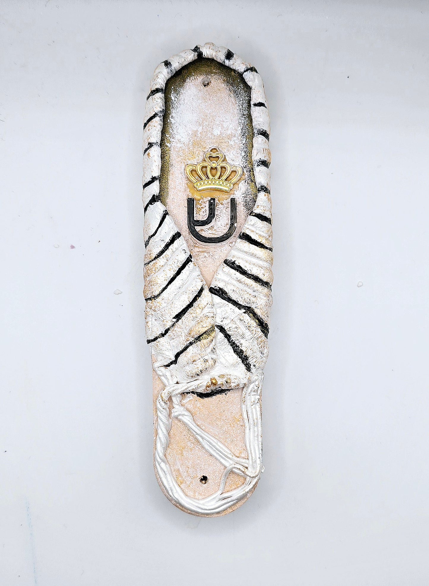 Handcrafted Tallit-Inspired Ceramic Mezuzah with Crowned Hebrew Motif