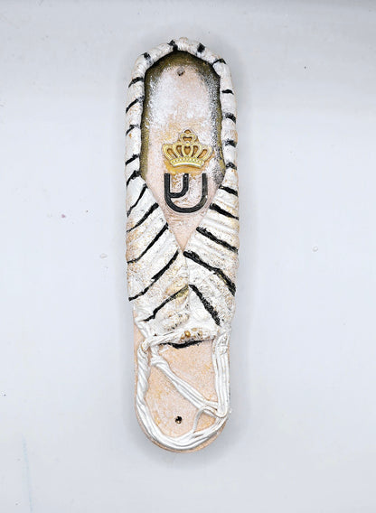 Handcrafted Tallit-Inspired Ceramic Mezuzah with Crowned Hebrew Motif