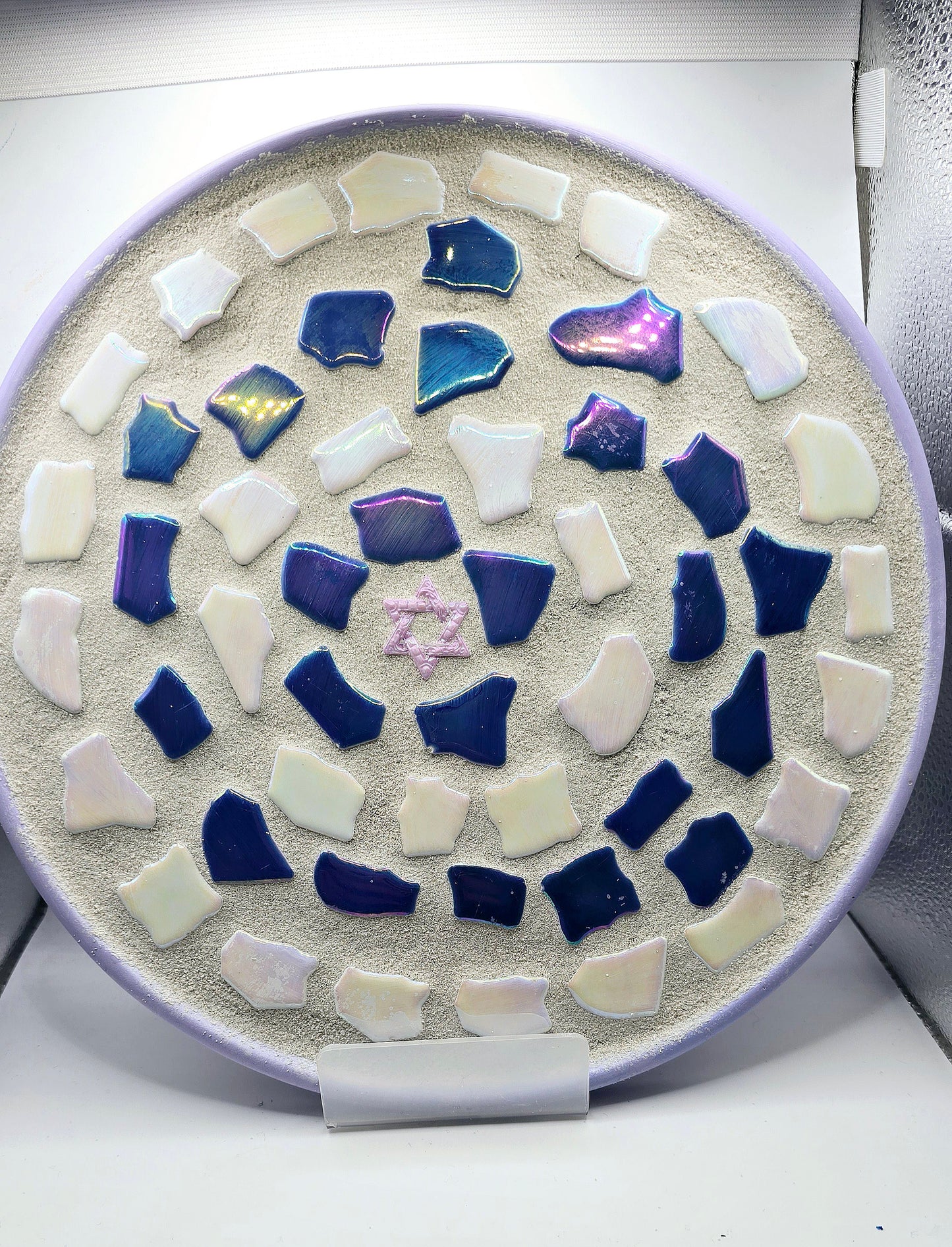 Handcrafted 10-Inch Mosaic Plate – Iridescent Blue & Pearl Star of David Design