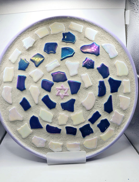 Handcrafted 10-Inch Mosaic Plate – Iridescent Blue & Pearl Star of David Design