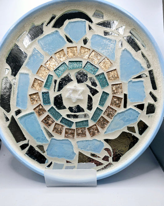 Handcrafted 10" Mosaic Plate with Star of David – Blue, Gold & Black Art Piece