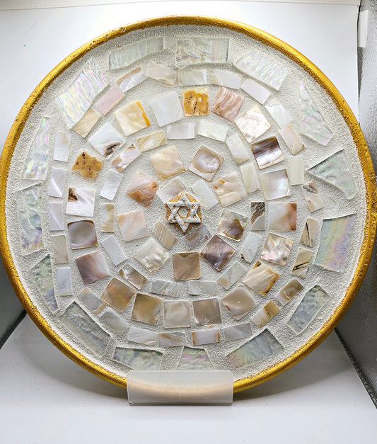 Handcrafted 10" Mother-of-Pearl Mosaic Plate with Star of David – Elegant Home Décor
