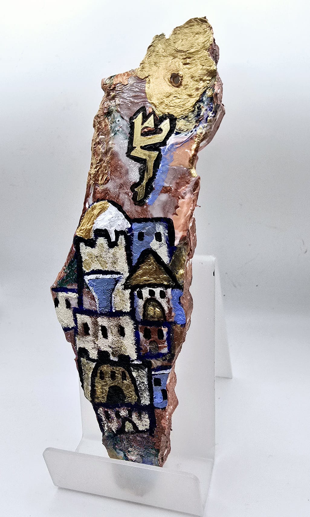 Handcrafted Jerusalem-Inspired Mezuzah Case - Poured Paint Art with Hand-Painted City