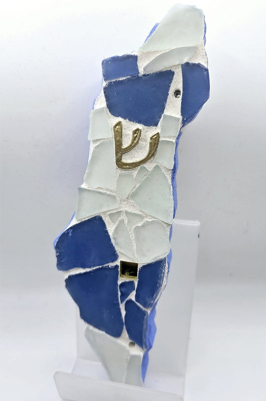 Handcrafted Mosaic Israel Map in Blue and White with Gold "Shin" Symbol – Artistic Judaica