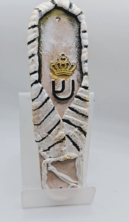Handcrafted Tallit-Inspired Ceramic Mezuzah with Crowned Hebrew Motif
