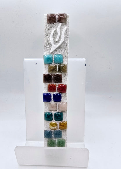 Handcrafted Glittering Mezuzah Case – Elegant Pink, Gold, and Silver Mosaic Design