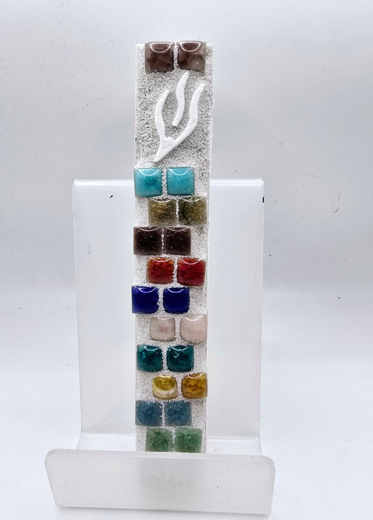 Handcrafted Glittering Mezuzah Case – Elegant Pink, Gold, and Silver Mosaic Design